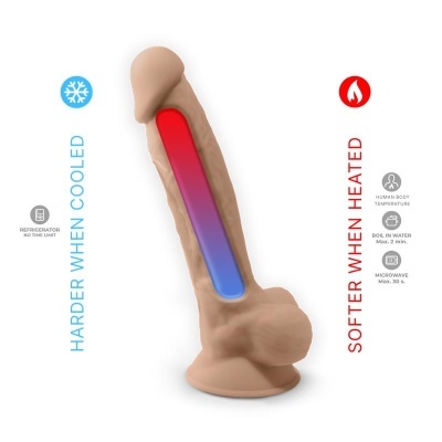 Dildo realista com gráfico de temperatura mostrando variação de rigidez