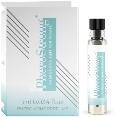 Frasco e embalagem de perfume PheroStrong para mulheres.
