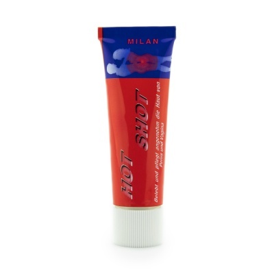 Frasco de creme azul e vermelho com tampa branca e texto e desenho