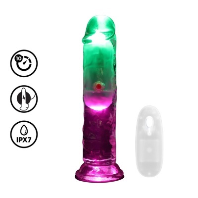 Vibrador translúcido verde e roxo com controlo remoto branco