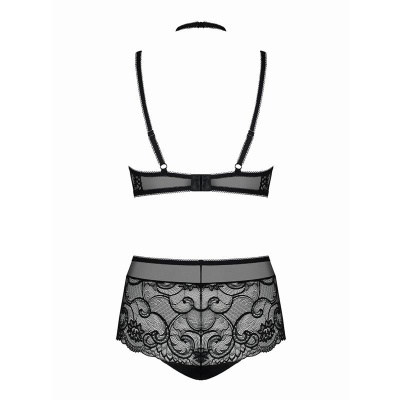 Conjunto de lingerie preto com sutiã e cueca de renda detalhada
