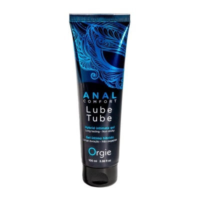 Bisnaga preta e azul com texto e padrão decorativo contendo gel íntimo híbrido Anal Comfort Lube Tube da Orgie.