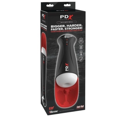 Embalagem preta com aparelho preto e branco e base vermelha texturada da marca PD X ELITE