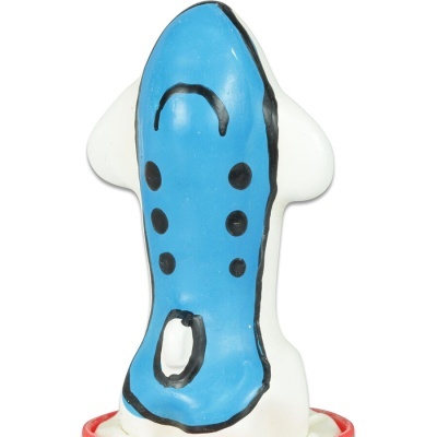 Brinquedo cão osso azul preto branco base vermelha