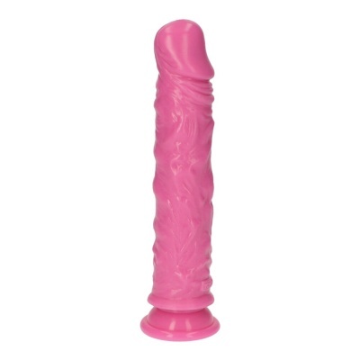 Dildo rosa de silicone com textura detalhada e base de sucção