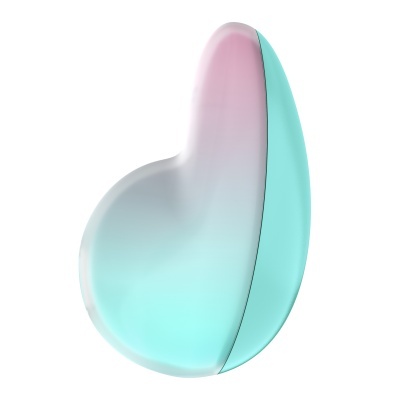 Objeto ergonómico azul, rosa e branco com acabamento brilhante
