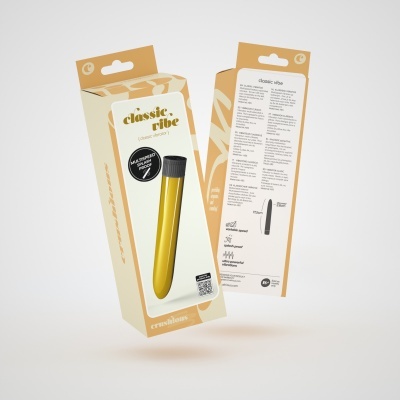 Embalagem de vibrador dourado classic vibe com texto e informações em várias línguas