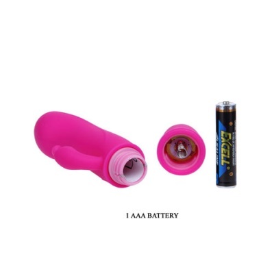 Vibrador rosa em silicone aberto com pilha AAA e pilha AA BIGELL ao lado