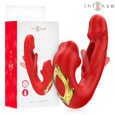 Vibrador vermelho com detalhes dourados e embalagem Intense