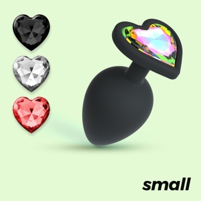 Plug anal preto com base de coração e pedra facetada multicolor