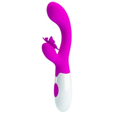 Vibrador cor-de-rosa com base branca e textura lisa