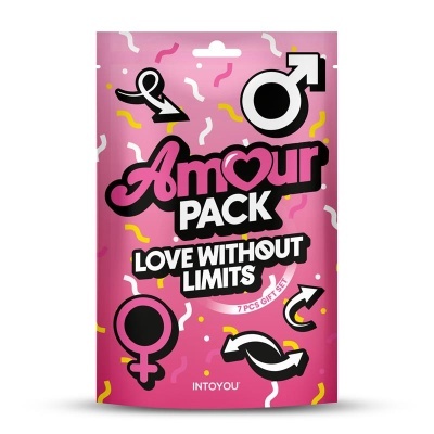Embalagem rosa com texto Amour Pack e símbolos de género.
