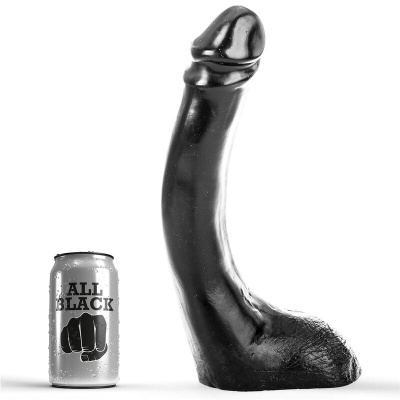 Dildo preto grande com lata prateada ALL BLACK ao lado