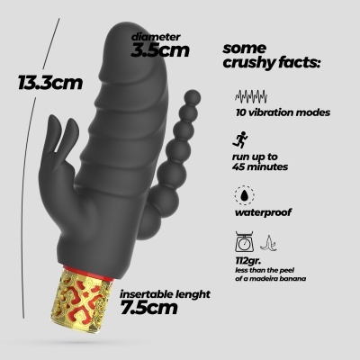 Vibrador preto com apêndices e base decorativa dourada e vermelha