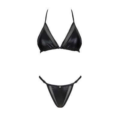Conjunto de lingerie preto com padrão de textura de cobra e tule