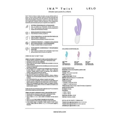 Embalagem informativa do vibrador INA™ Twist LELO com descrições e cores disponíveis.