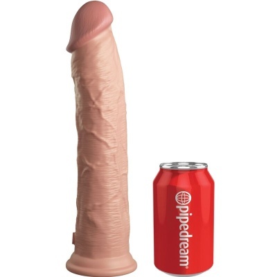 Dildo cor de pele com base ao lado de lata vermelha pipedream