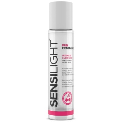 Frasco de lubrificante íntimo Sensilight com texto preto e rosa em fundo transparente.