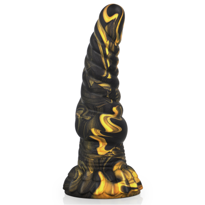 Objeto de silicone preto e amarelo com base larga e textura ondulada