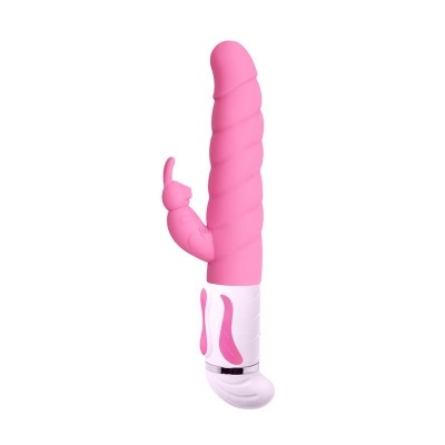 Vibrador cor-de-rosa com acessório de coelho e base branca