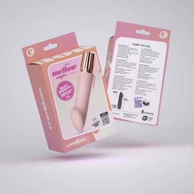 Caixa rosa com vibrador recarregável silicone rosa e dourado, com texto e código QR.