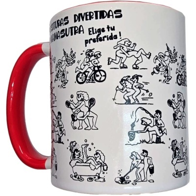Caneca branca com ilustrações a preto e pega vermelha