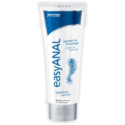 Frasco de lubrificante EasyAnal branco com texto azul e tampa cinza