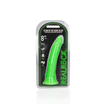 Dildo verde fluorescente em embalagem preta com texto REALROCK