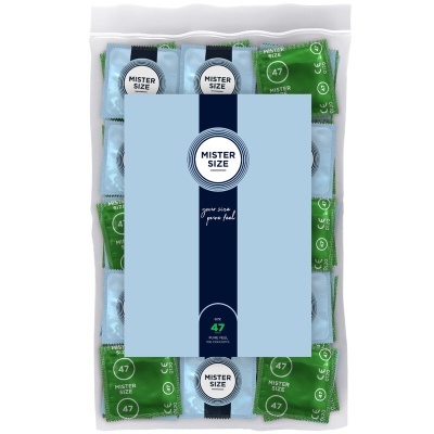 Embalagem azul clara de preservativos MISTER SIZE tamanho 47 com embalagens individuais verde e azul