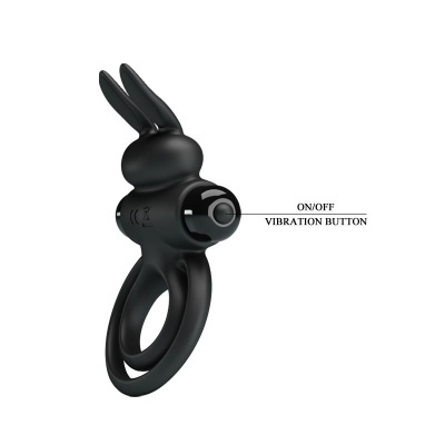 Anel vibratório preto com design de coelho e botão ON/OFF
