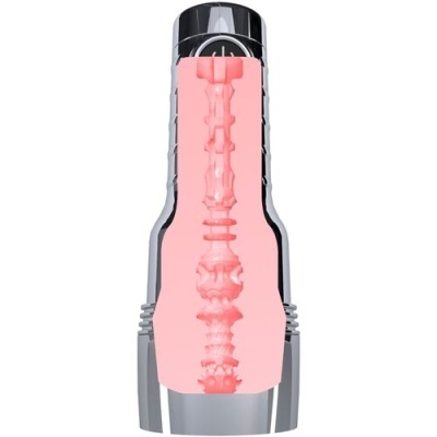 Corte transversal de produto prateado com interior rosa em silicone texturizado