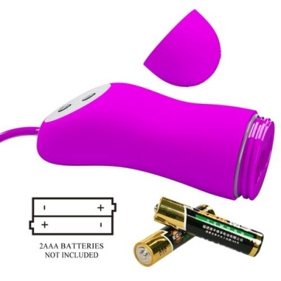 Dispositivo eletrônico rosa com tampa removível e dois botões, com pilhas AAA ao lado em fundo branco