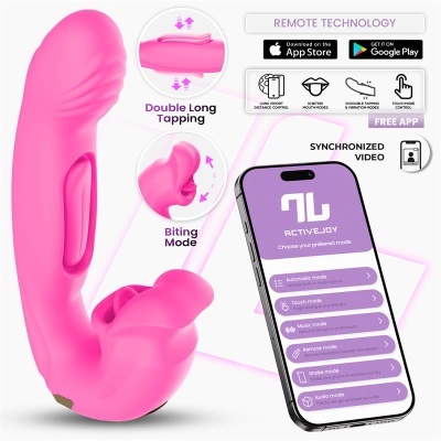 Vibrador rosa com controlos por app ACTIVEJOY no ecrã do smartphone.
