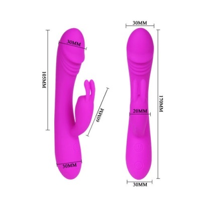 Vibrador cor-de-rosa com duas extremidades e medidas indicadas