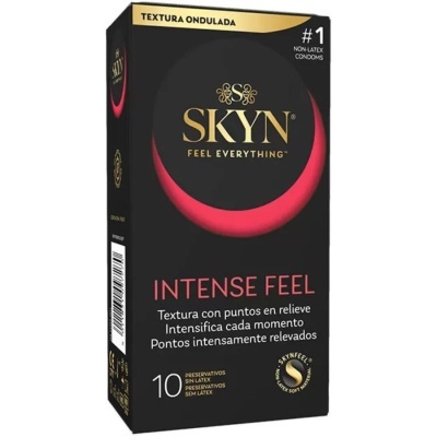 Caixa de preservativos SKYN preta e dourada com texto e detalhes vermelhos