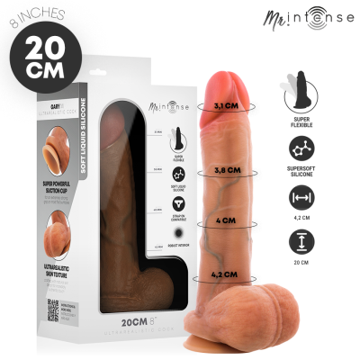 Pénis ultrarrealista de silicone macio líquido com ventosa, em caixa branca com texto e medidas.