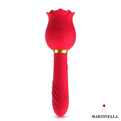 Vibrador vermelho em forma de rosa com detalhes dourados