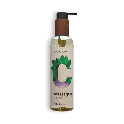 Frasco de óleo de massagem natural com tampa pump e etiqueta decorada com folhas verdes