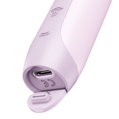 Dispositivo eletrônico lilás com porta USB-C e botões de energia e ondas
