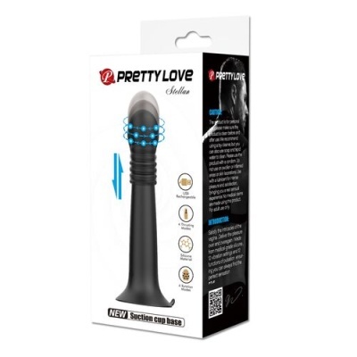 Embalagem de vibrador preto Pretty Love Stellan com base de ventosa e texto explicativo