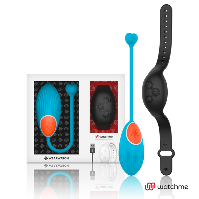 Produto Wearwatch azul com botão laranja e bracelete preta da marca Watchme