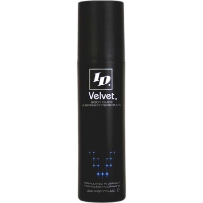 Frasco preto de lubrificante pessoal ID Velvet com texto branco