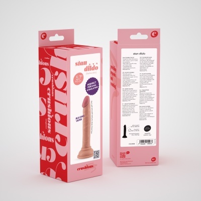 Embalagem rosa e vermelha de stan dildo flexível com imagem do dildo cor de pele.