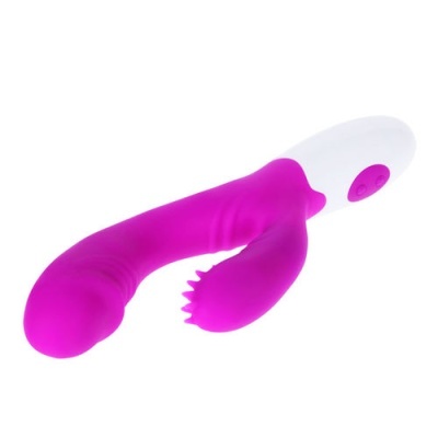 Vibrador cor-de-rosa e branco com textura ondulada e controlo de botões