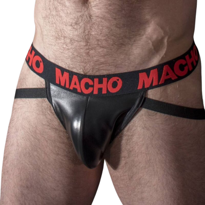 Cueca jockstrap preta masculina com faixa preta e texto vermelho MACHO