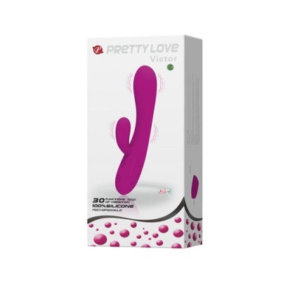 Embalagem de vibrador roxo Pretty Love Victor com texto e design de bolhas
