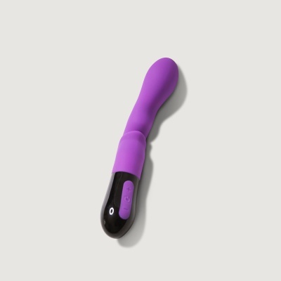 Vibrador roxo com botão preto e roxo, fundo branco