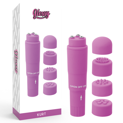 Massageador roxo com tampas texturizadas e embalagem branca e rosa