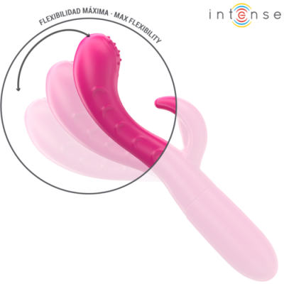 Vibrador rosa flexível com textura, texto em espanhol e inglês, fundo branco.