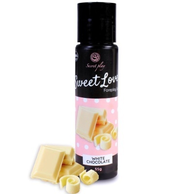 Frasco de gel com rótulo rosa e preto e pedaços de chocolate branco